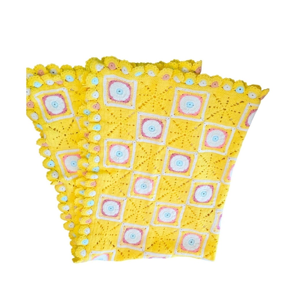 Vintage Handmade Crochet Granny Square Throw Blanket Bright Yellow Nursery Decor
